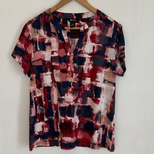Haggar Clothing Women Red Blue Print V Neck Short Sleeves Pullover Top Size L